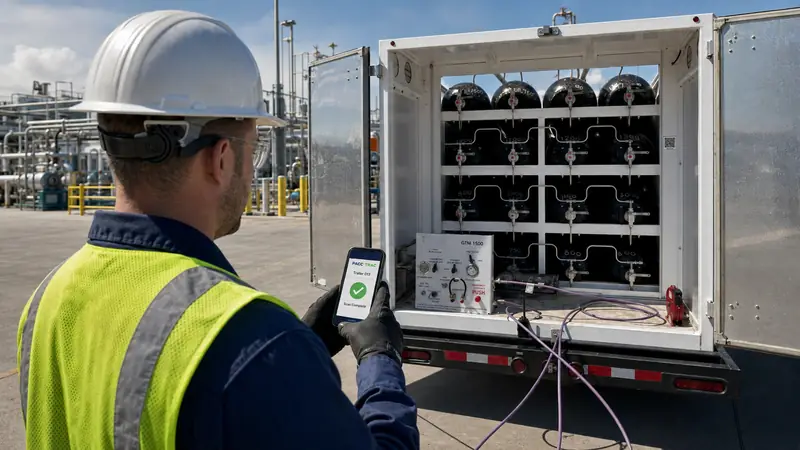 An operator in a hard hat scans a hydrogen tube trailer with a phone
